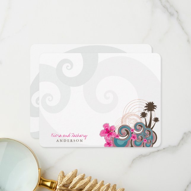 Tropical Waves Pink Hibiscus Destination Wedding Thank You Card (Front/Back In Situ)