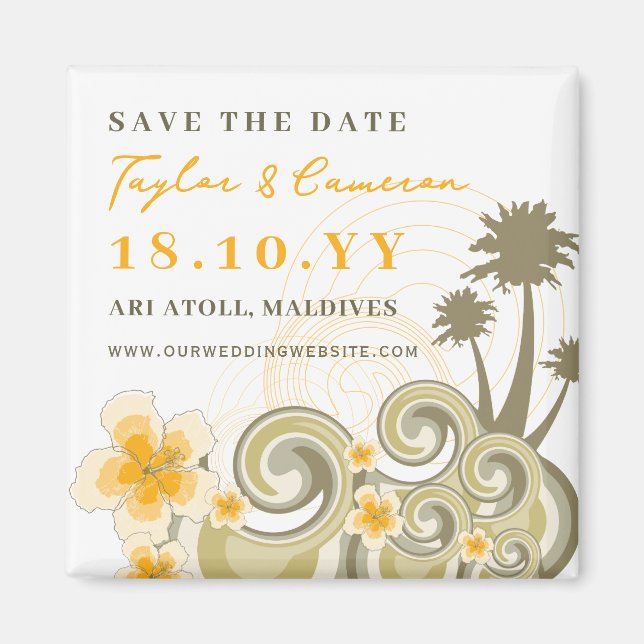 Tropical Waves Yellow Hibiscus Beach Save The Date Magnet (Front)