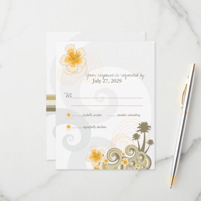 Tropical Waves Yellow Hibiscus Destination Wedding RSVP Card (Front/Back In Situ)