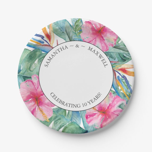Tropical Wedding Anniversary Party Photo Paper Plate (Front)