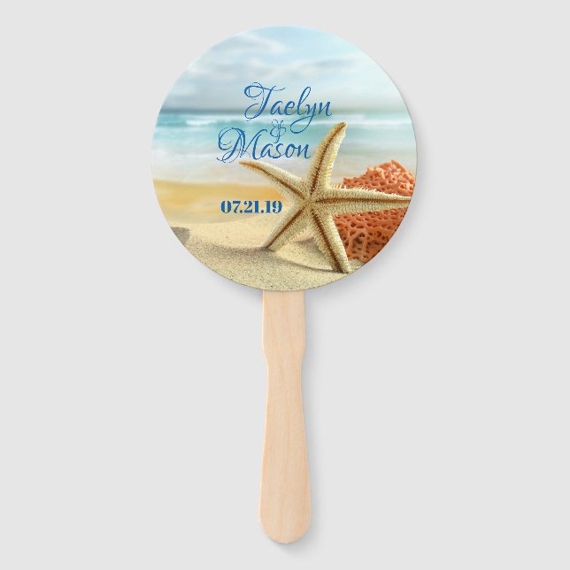 Tropical Wedding Beach Scene Wedding Hand Fans (Back)