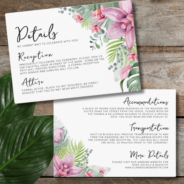 Tropical Wedding Details Enclosure Card (Floral Palm Tropical Wedding Details Enclosure Card)