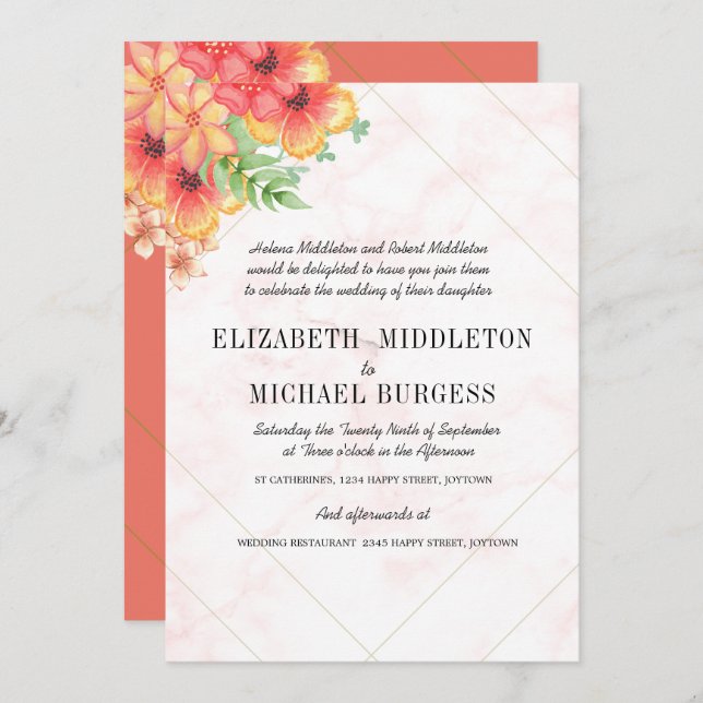 Tropical Wedding Floral Coral Modern Chic Invitation (Front/Back)