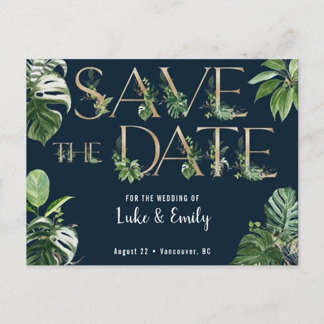 Tropical Wedding Gold & Navy Save the Date Postcard (Front)
