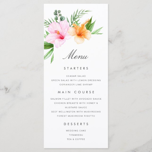 Tropical Wedding Menu Luau Floral Beach Palm  (Front)