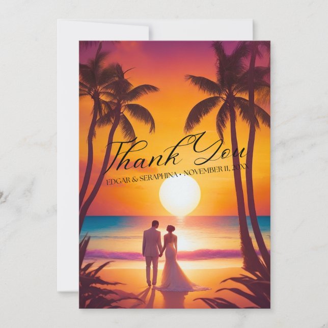 Tropical Wedding Modern Script Calligraphy Thank You Card (Front)