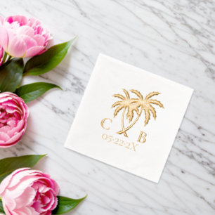 Tropical Wedding Palms Couple Initials & Date Foil Napkins