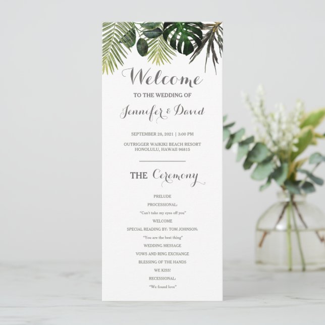 Tropical Wedding Program Flat Monstera Fern Plants (Standing Front)