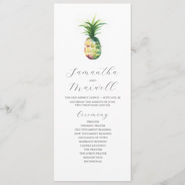 Tropical Wedding Programs Watercolor Pineapple (Front)