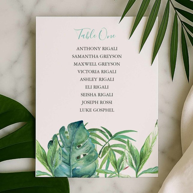 Tropical Wedding Reception Seating Plan Card (Wedding seating chart features watercolor tropical leaves by Victoria Grigaliunas of Do Tell A Belle)