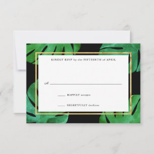 Tropical Wedding Reply Cards, Black and gold RSVP Card