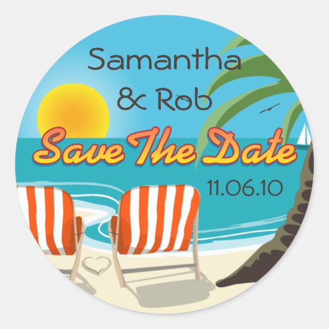 Tropical Wedding Save The Date Classic Round Sticker (Front)
