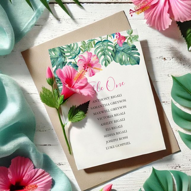 Tropical Wedding Seating Chart, Table Plan Invitation (Destination weddings seating chart card tropical pink hibiscus flowers art by Victoria Grigaliunas)