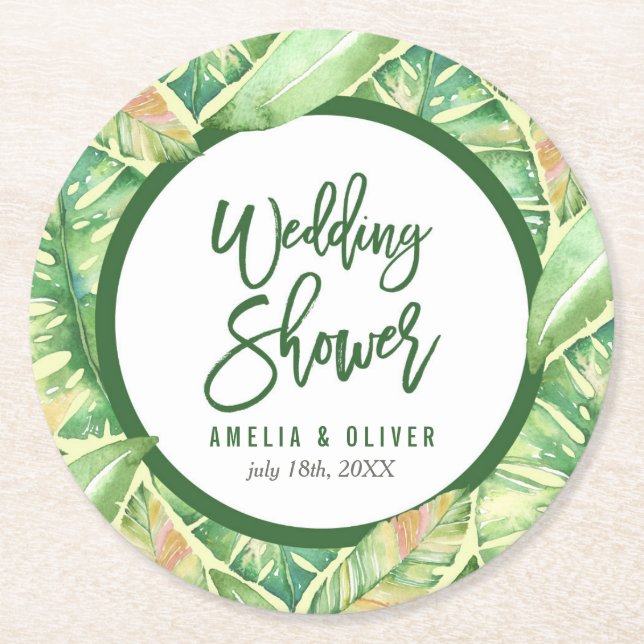 Tropical Wedding Shower Green Watercolor Leaves Round Paper Coaster (Front)