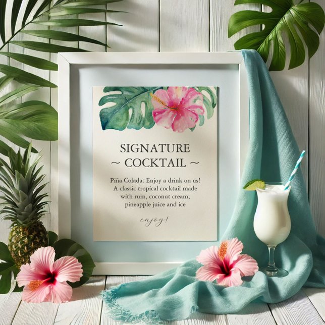 Tropical Wedding Signature Cocktail Sign (Wedding bar signs tropical pink hibiscus flower art by Victoria Grigaliunas of Do Tell A Belle)