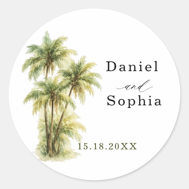 Tropical Wedding Sticker Palm Trees Beach Green (Front)