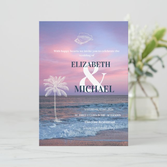 Tropical Wedding Sunrise Ocean Beach Invitation (Standing Front)