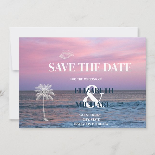Tropical Wedding Sunrise Ocean Beach Save The Date (Front)