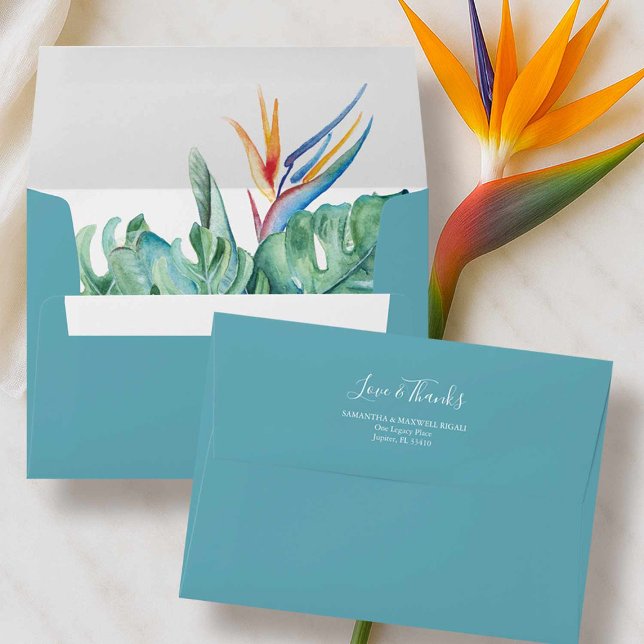 Tropical Wedding Theme Invite Envelope (tropical theme beach wedding envelope watercolor bird of paradise palm leaf art Victoria Grigaliunas)