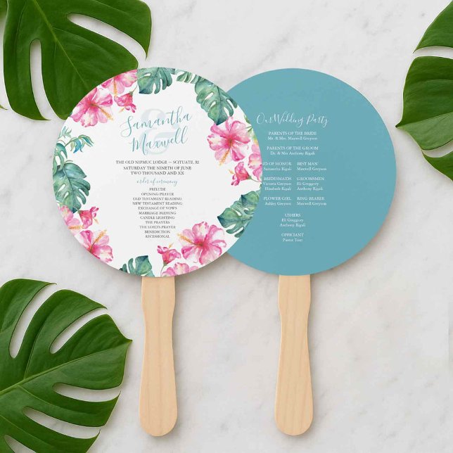 Tropical Wedding Theme Program Fan (Tropical beach wedding program fan template with watercolor pink flowers and palm leaves)