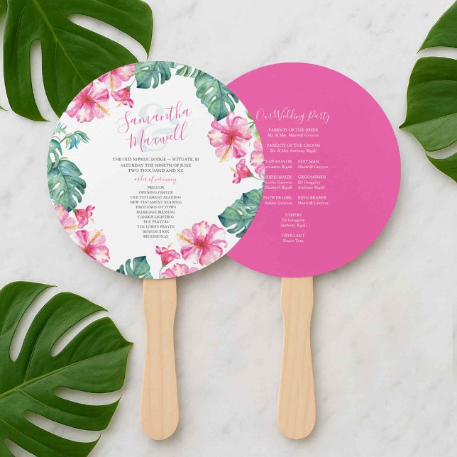 Tropical Wedding Theme Program Fan (tropical beach wedding program fans pink hibiscus flowers and palm leaves watercolor art)