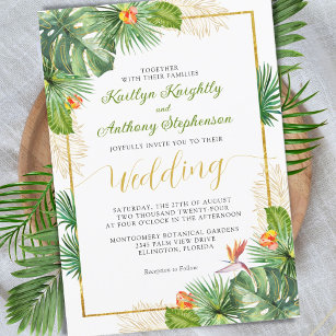 Tropical Wedding Watercolor Floral Gold Invitation