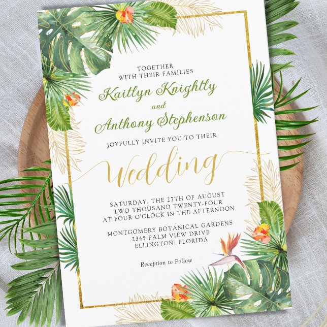 Tropical Wedding Watercolor Floral Gold Invitation (Creator Uploaded)