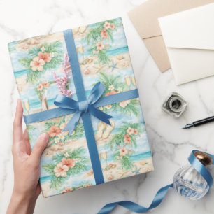 Tropical Wedding Watercolor Hibiscus Ocean Rings Wrapping Paper