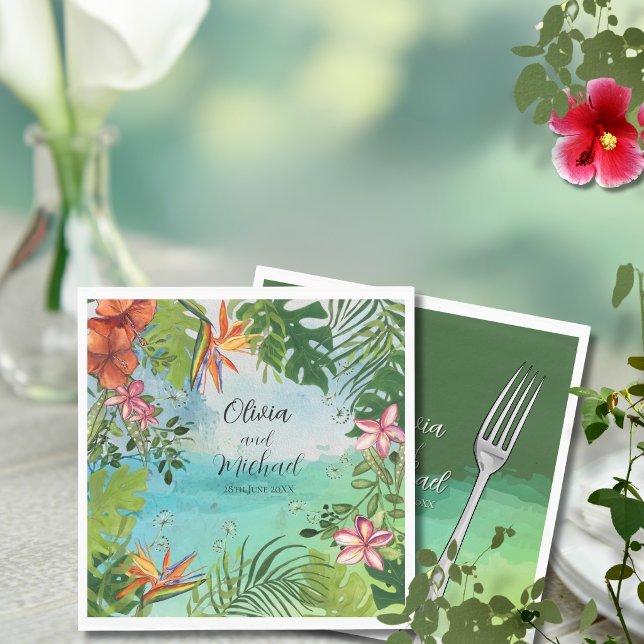 Tropical Wedding  Watercolor Hibiscus Palm Green Napkin (Tropical Wedding Watercolor Hibiscus Palm Green Napkins)