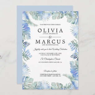 Tropical Wedding Watercolor Leaves Blue Green Invitation