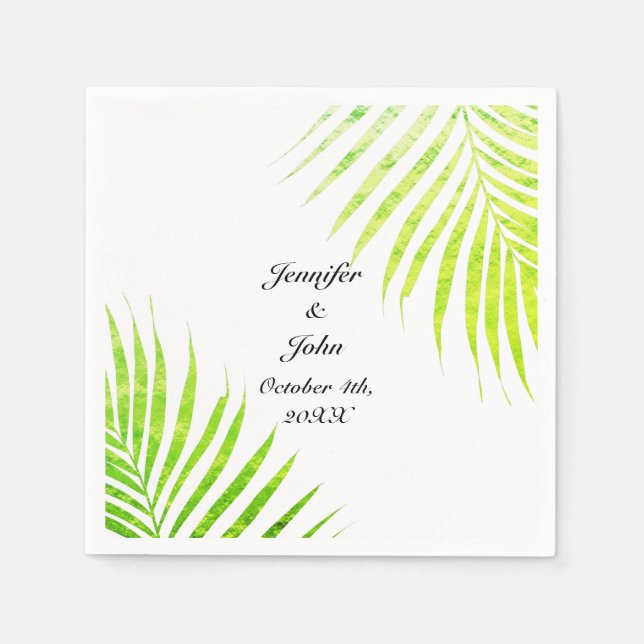 Tropical Weddings Palm Tree Glittery Green Leaf Napkin (Front)
