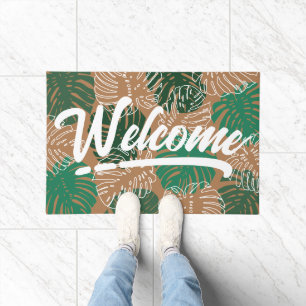 Tropical Welcome Green Brown Monstera Leaves Doormat