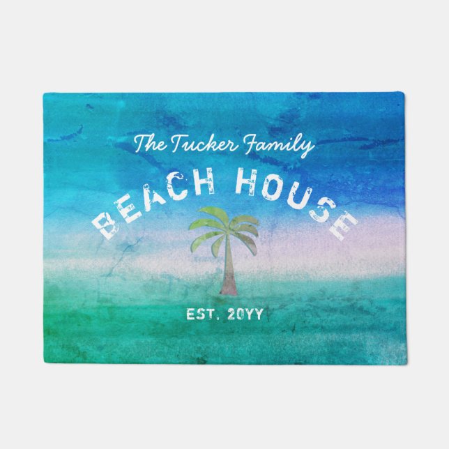 Tropical Welcome Ocean Blue Green Beach House Doormat (Front)