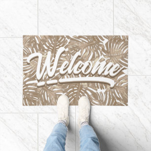 Tropical Welcome Sisal Brown White Monstera Leaves Doormat