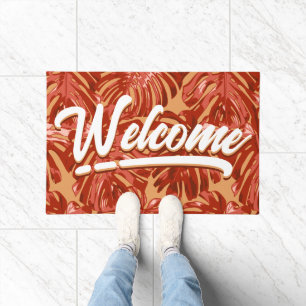 Tropical Welcome Warm Orange Monstera Leaves Doormat