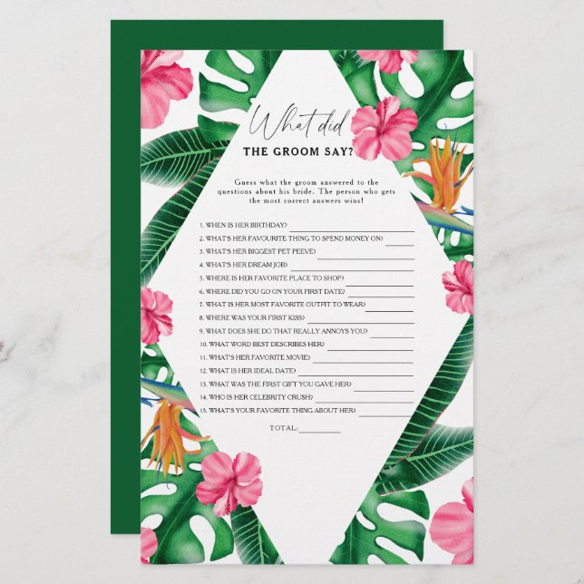 Tropical - What did the groom say bridal game (Front/Back)