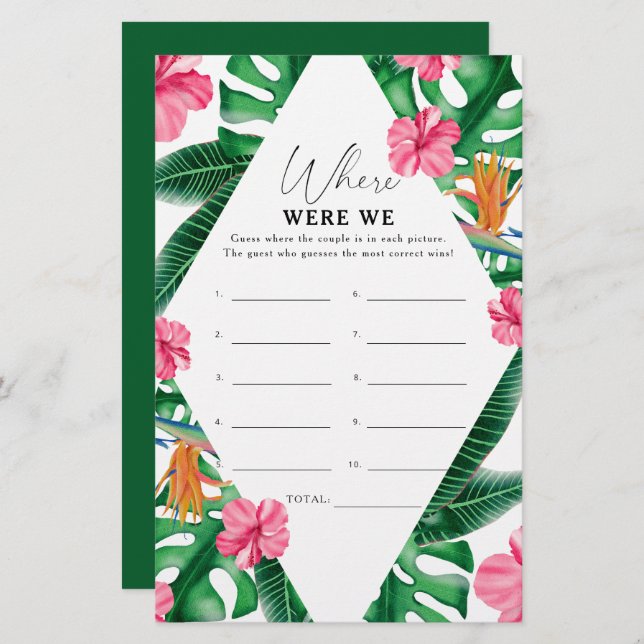 Tropical - Where were we bridal shower game (Front/Back)