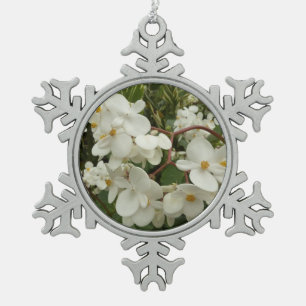 Tropical White Begonia Floral Snowflake Pewter Christmas Ornament