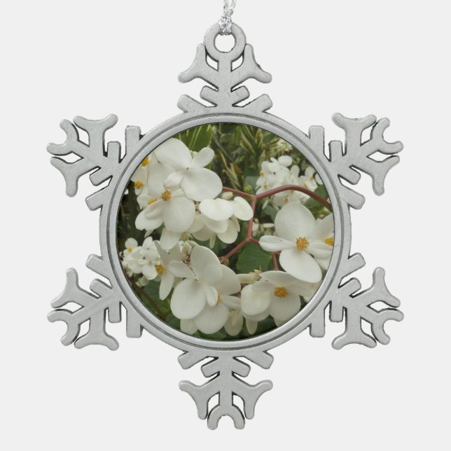 Tropical White Begonia Floral Snowflake Pewter Christmas Ornament (Front)