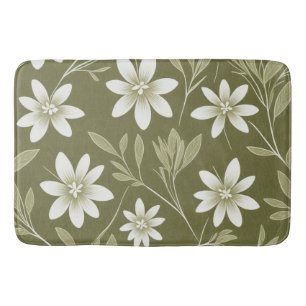 Tropical White Daisies on Olive Green Elegant Bath Mat