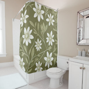 Tropical White Daisies on Olive Green Elegant Shower Curtain
