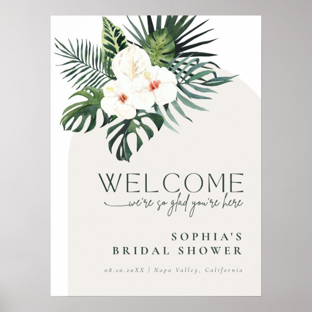 Tropical White Floral Arch Bridal Shower Welcome Poster (Front)