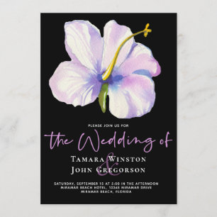 Tropical White Floral Purple Black Beach Wedding Invitation