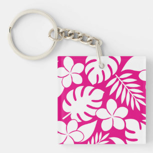 Tropical White Flowers on a Bright Pink Background Key Ring