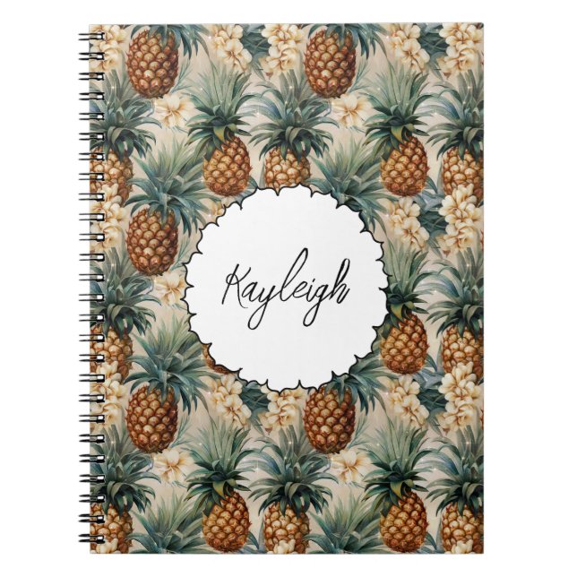 Tropical White Flowers Pineapples Notebook (Front)
