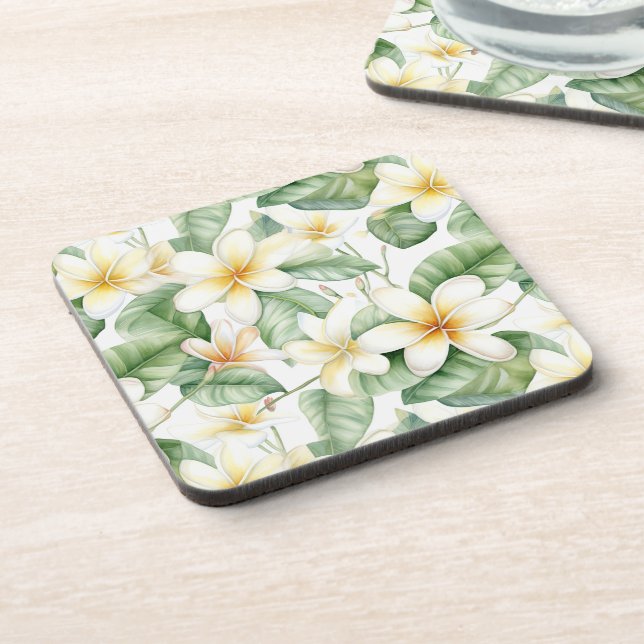 Tropical White Frangipani Flower Patterned Coaster (Left Side)