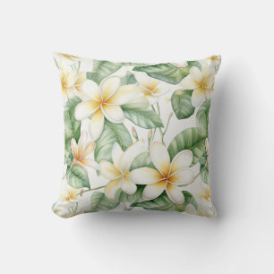 Tropical White Frangipani Flower Patterned Cushion