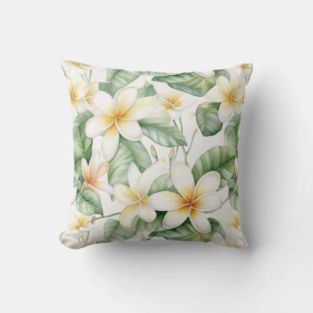Tropical White Frangipani Flower Patterned Cushion (Front)