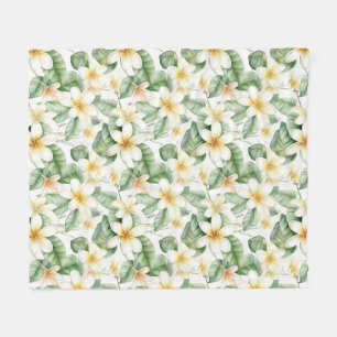 Tropical White Frangipani Flower Patterned Fleece Blanket