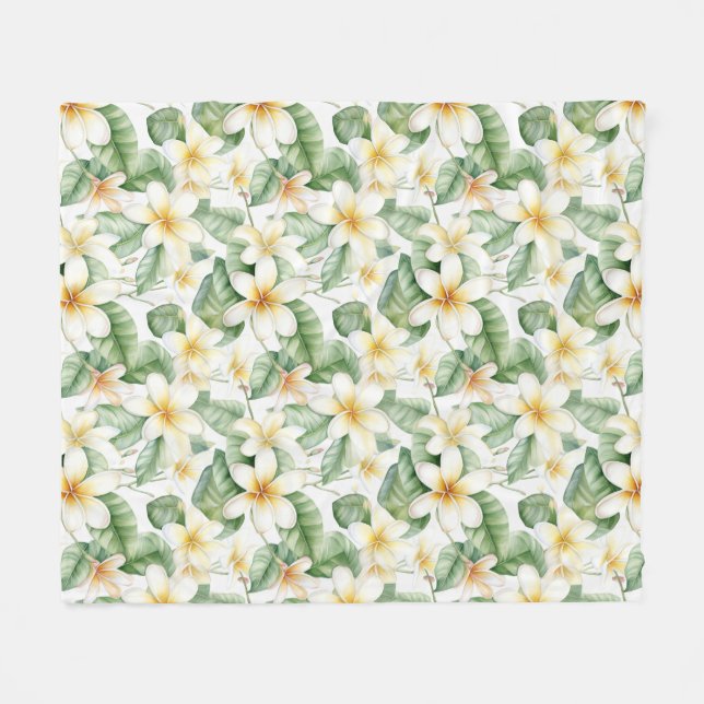 Tropical White Frangipani Flower Patterned Fleece Blanket (Front (Horizontal))